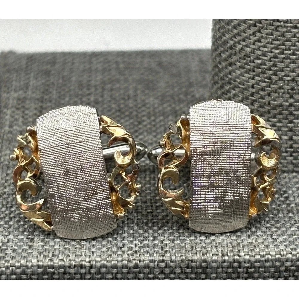 Vintage Swank Silver Tone & Gold Tone Ornate Cufflinks Decorative Scroll Design